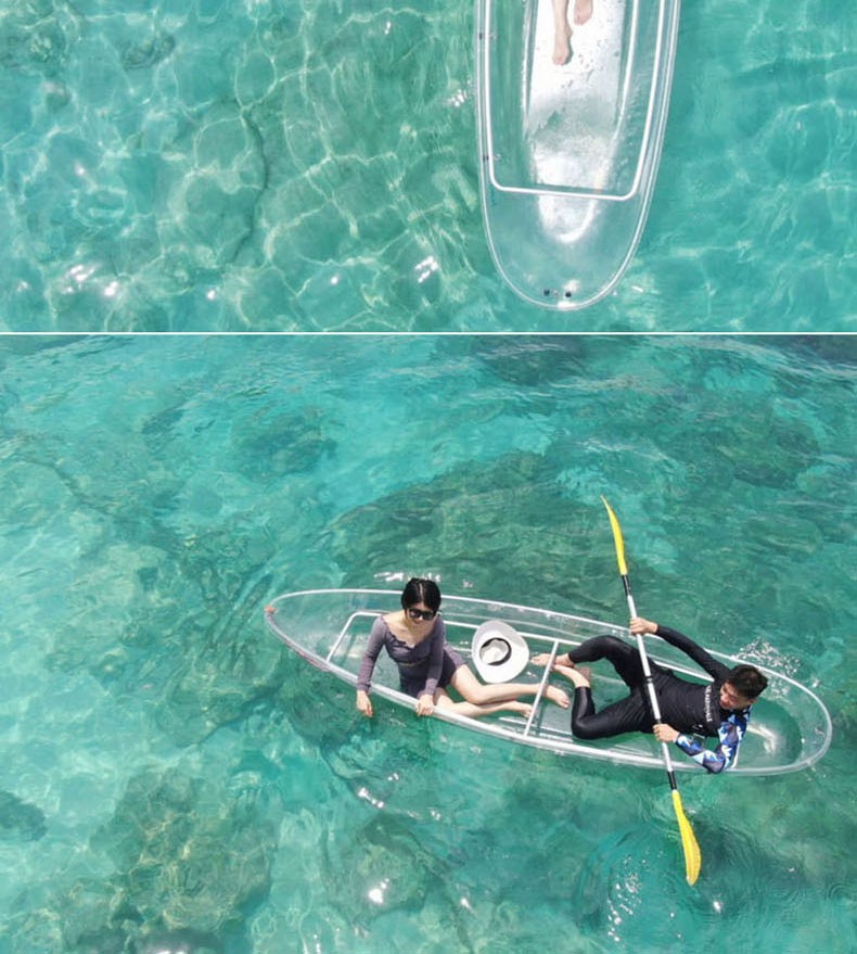 婚纱摄影单双人全透明皮划艇塑料小船玻璃船独木舟水晶船b款透明边