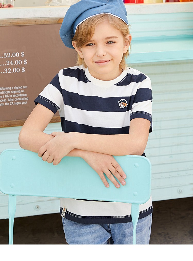 hazzys童装哈吉斯男童短袖儿童t恤夏季新品中大童时尚条纹圆领衫深