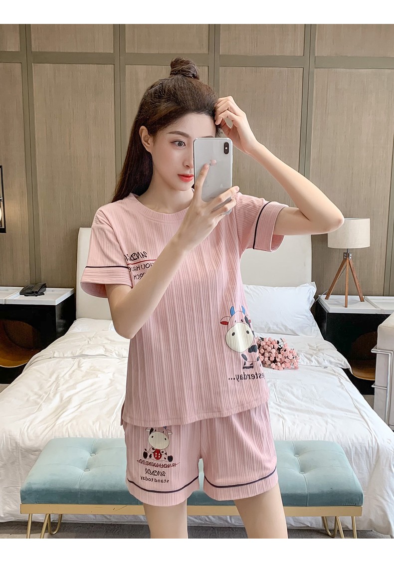 奥蜜雪纯棉短袖睡衣女夏季薄款女式家居服可外穿甜美可爱少女睡衣夏h