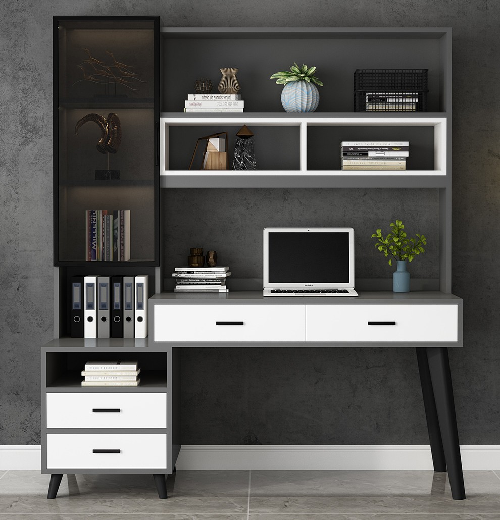 美日见轻奢书桌书柜组合一体实木电脑桌台式电竞桌学生学习桌子家用