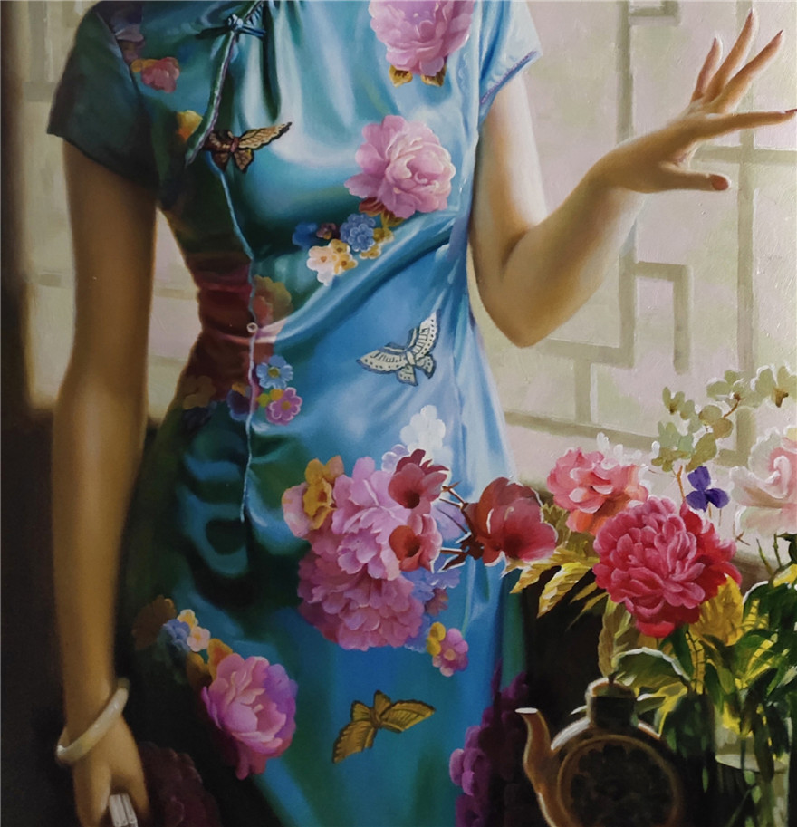 朝鲜功勋艺术家金京民旗袍女人物油画装饰收藏6825