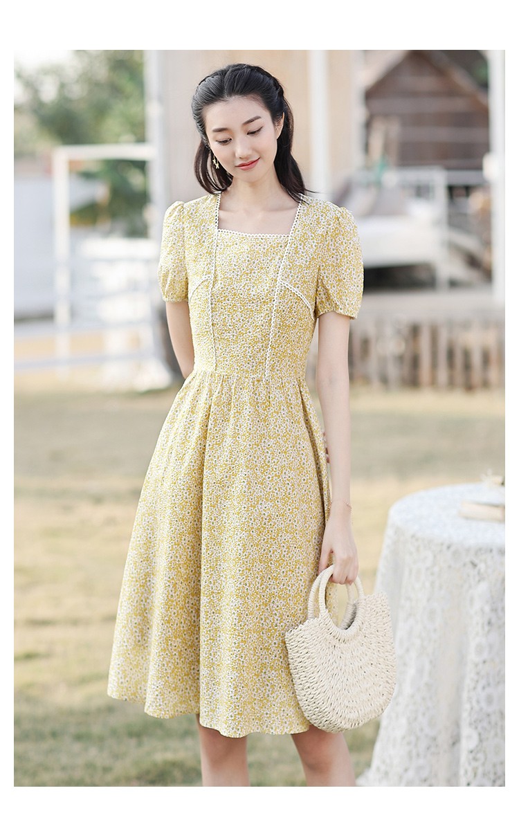 勿忘花纯棉碎花连衣裙女夏季新款气质方领高腰短袖a字裙子黄色s