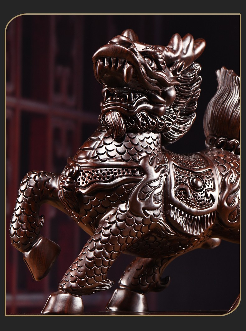 梵粟黑檀木雕麒麟摆件一对招财风水客厅装饰品实木雕刻工艺品乔迁礼物