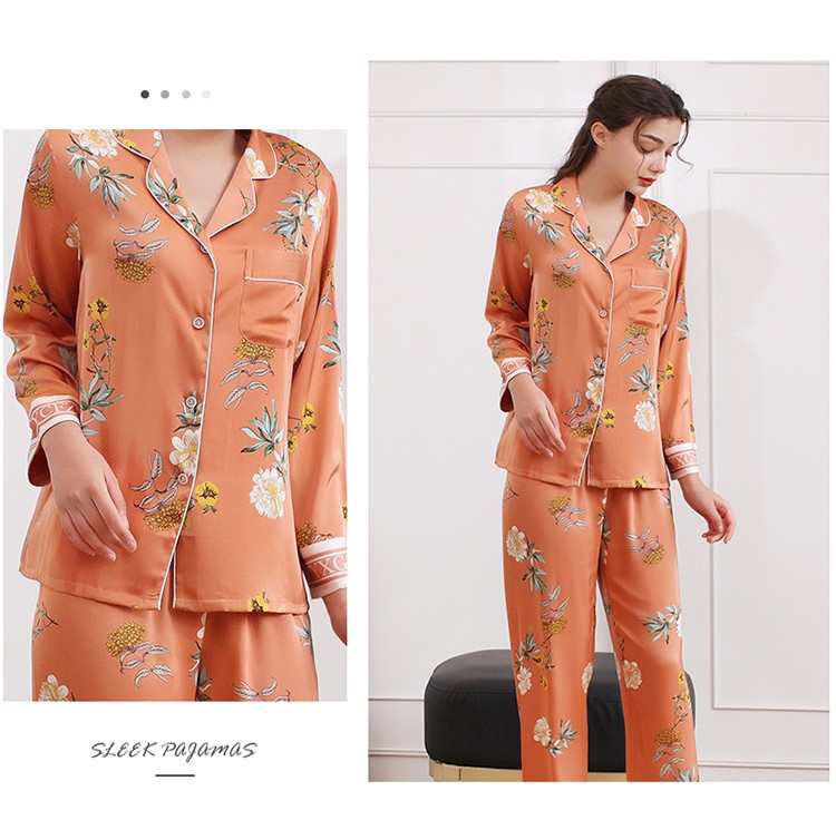 上海故事2021新款仿真丝翻领睡衣女春夏两件套家居服可外穿夏花灿烂