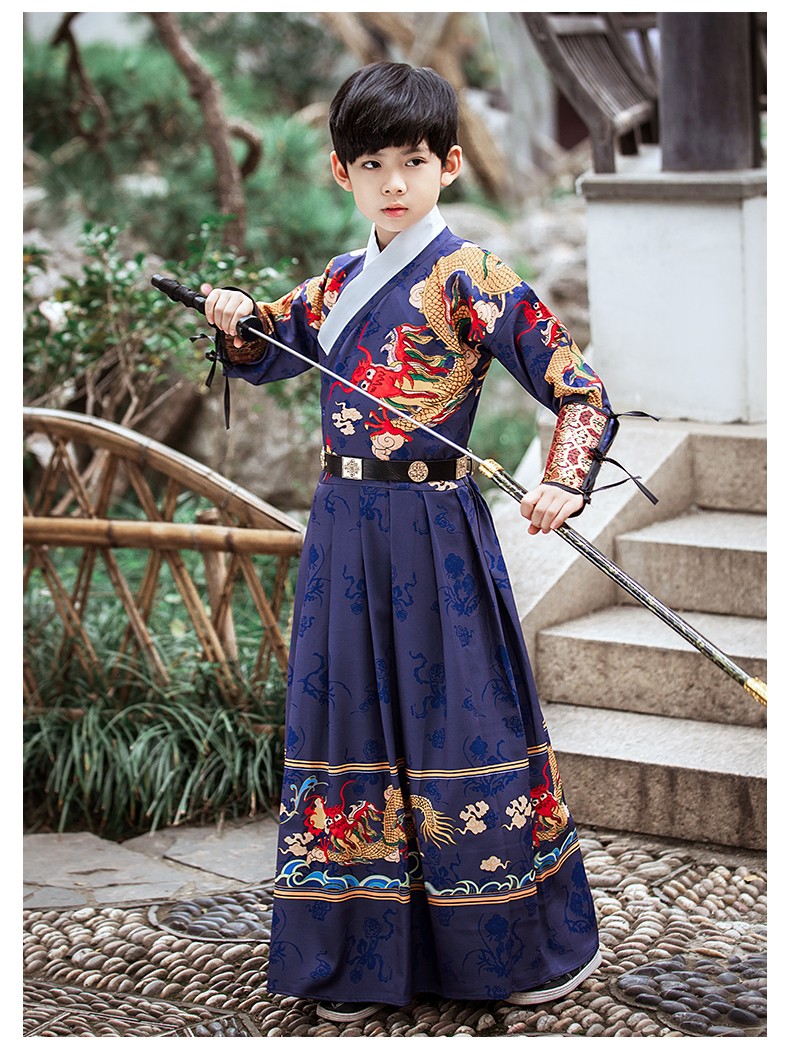 蕊派儿童汉服男童飞鱼服古风超仙男童古装锦衣卫小男孩中国风唐装蓝色