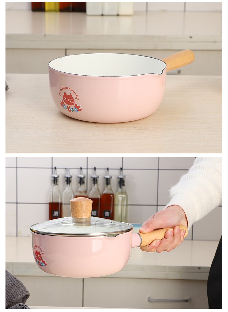 欧丽家搪瓷樱花粉雪平锅奶锅单柄搪瓷过热牛奶锅泡面锅电磁炉燃气通用