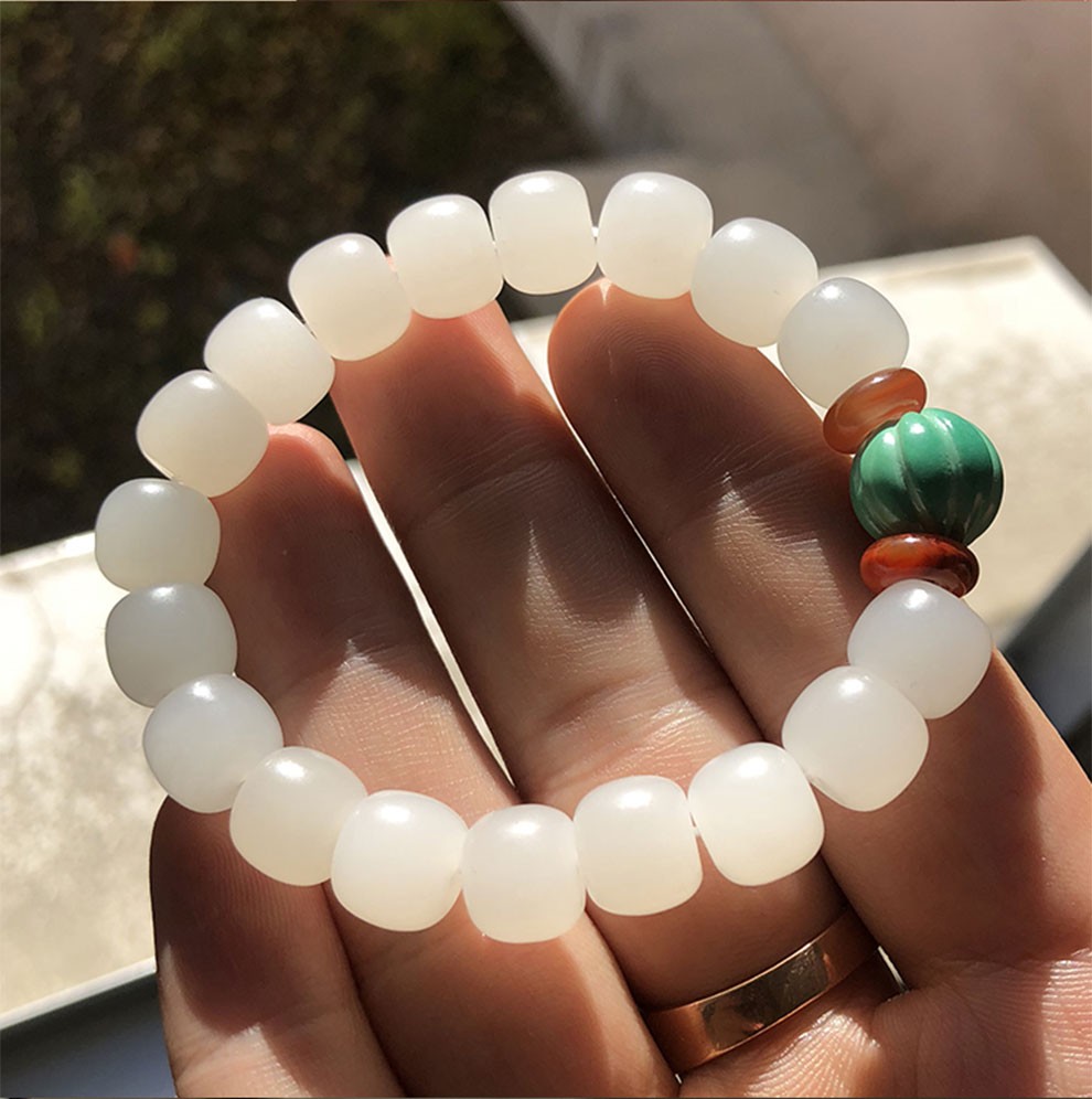 玉之舞天然和田玉手串女款白玉老型珠绿松石南瓜珠手链带证书礼物礼品