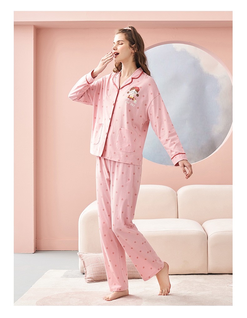 秋鹿睡衣女春秋长袖薄款波点印花可爱卡通纯棉开衫家居服套装橡皮粉8