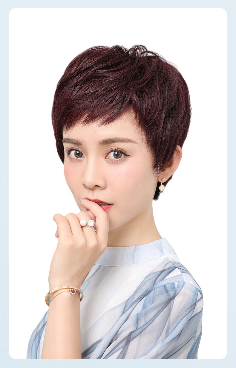 欧宝格oubaoge真发头套假发女短发自然全真人发丝中老年女士头套式