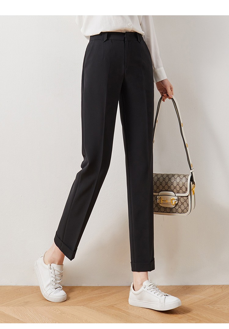 娅丽达女裤宽松直筒裤女2021年春季新款米色裤子小个子烟管裤 黑色(a0