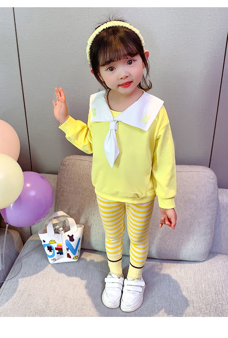 小乖童年童装女宝宝套装2021年春季洋气婴儿幼儿小兔子海军领卫衣春秋