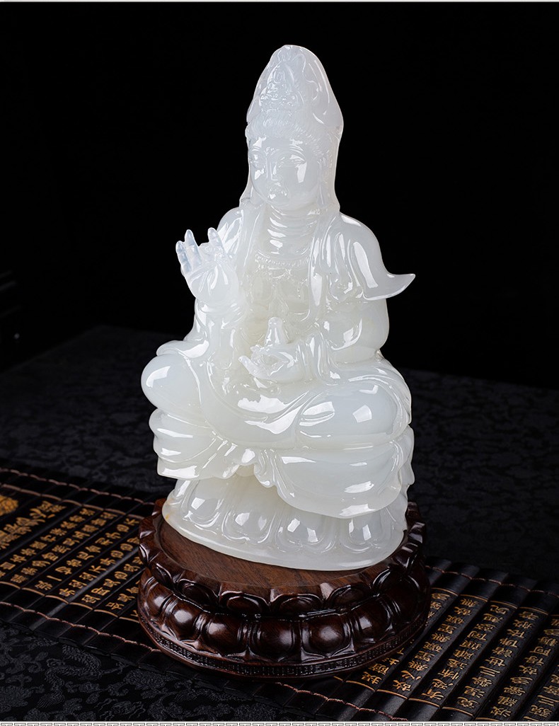 裕尚礼 白玉观音佛像摆件保平安观世音菩萨坐莲花玉石雕像家用供奉