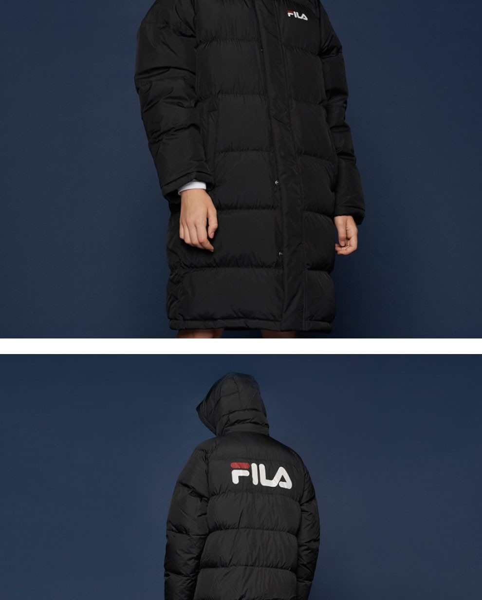 fila韩国斐乐羽绒服男女经典logo中长款连帽保暖外套黑色90