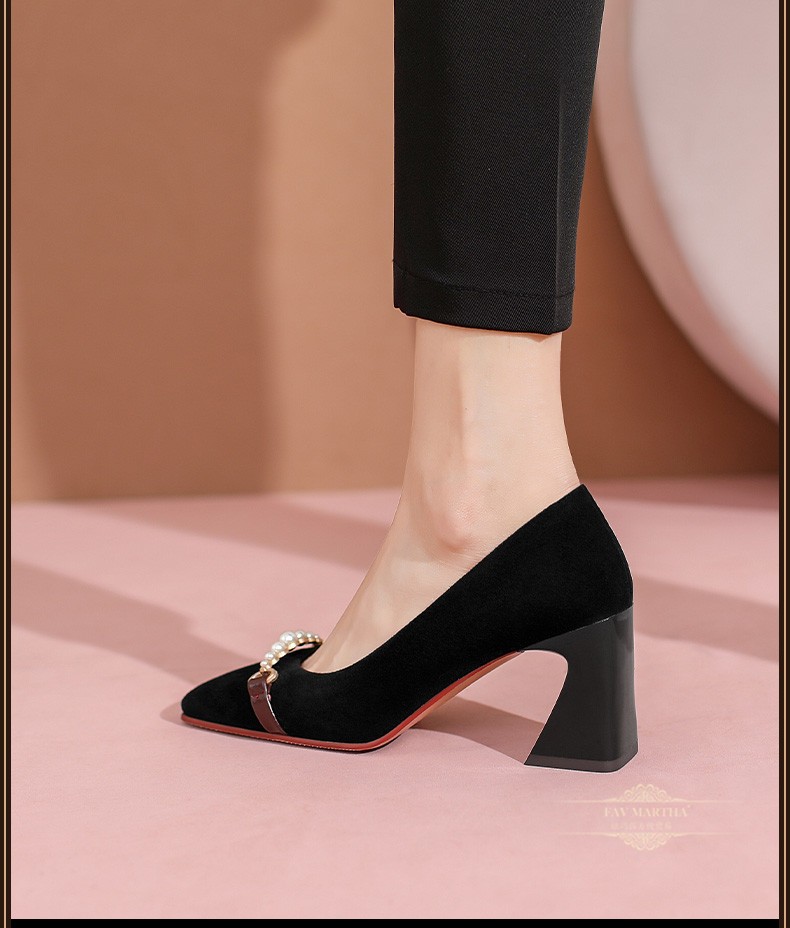 浅口磨砂皮方头链条单鞋女2021秋季粗跟新款高跟鞋女 黑色 35【图片