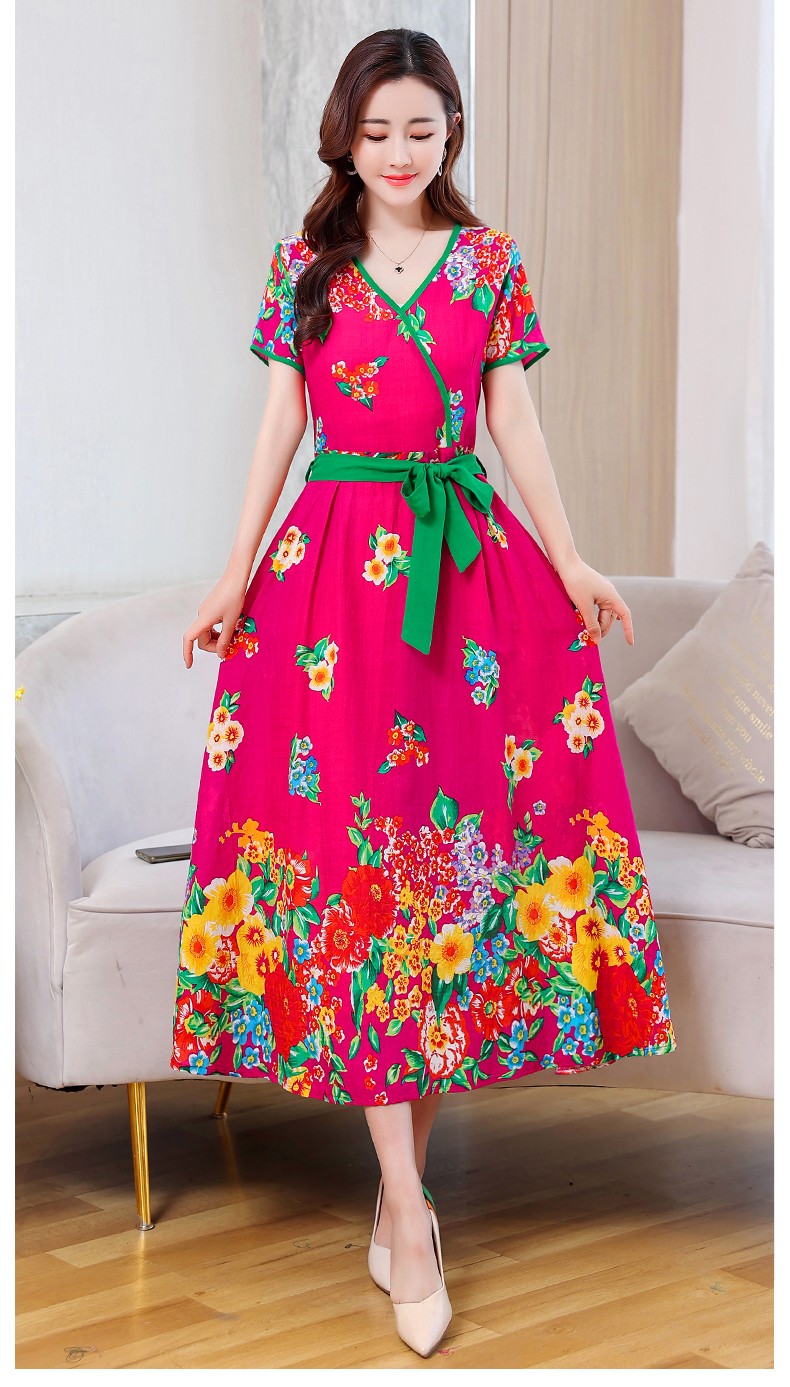 林羽森民族风大花洋气短袖连衣裙女夏洋气中年气质2021新款遮腹减龄