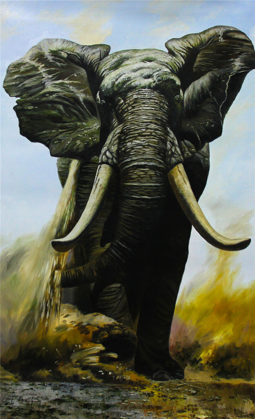 书画篆刻 油画 朝鲜一级画家 金钟守 《大象》1049 动物油画商品名称