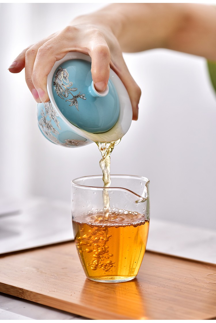 天福茗茶彼物水墨牡丹盖碗茶具套装德化陶瓷泡茶器功夫茶4件套