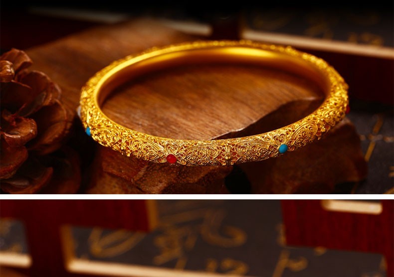 喜圣珠宝古法传承黄金手镯女款足金999古法花丝珐琅手镯宫廷镂空花丝