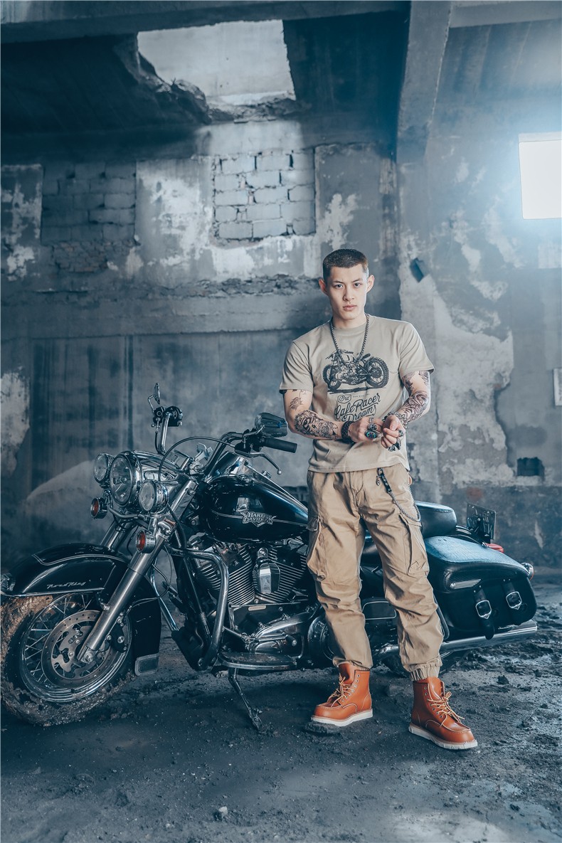 赫搏2021美式复古机车硬汉工装阿美咔叽风格摩托车欧美重磅纯棉短袖