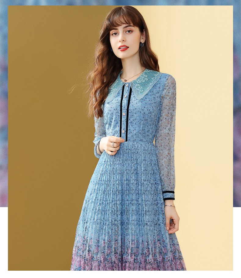 歌珀莱品牌女装蕾丝碎花连衣裙女中长款时尚洋气春装2021年新款百褶裙