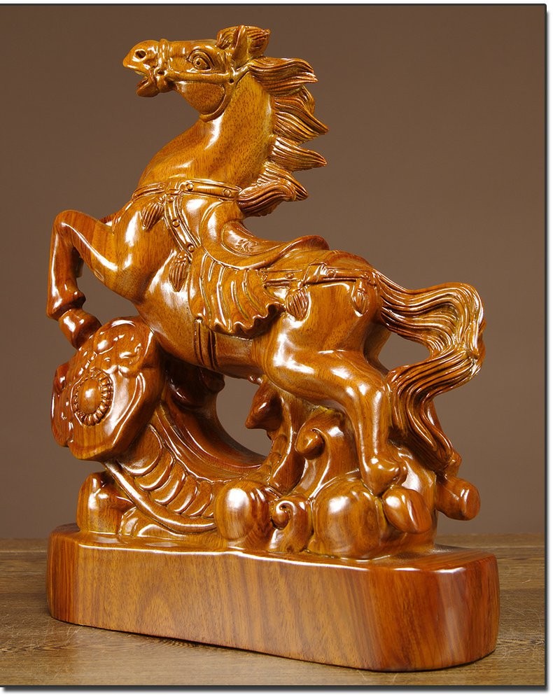 浣彩黄花梨木雕马到成功摆件实木雕刻十二生肖马工艺品摆设家居客厅