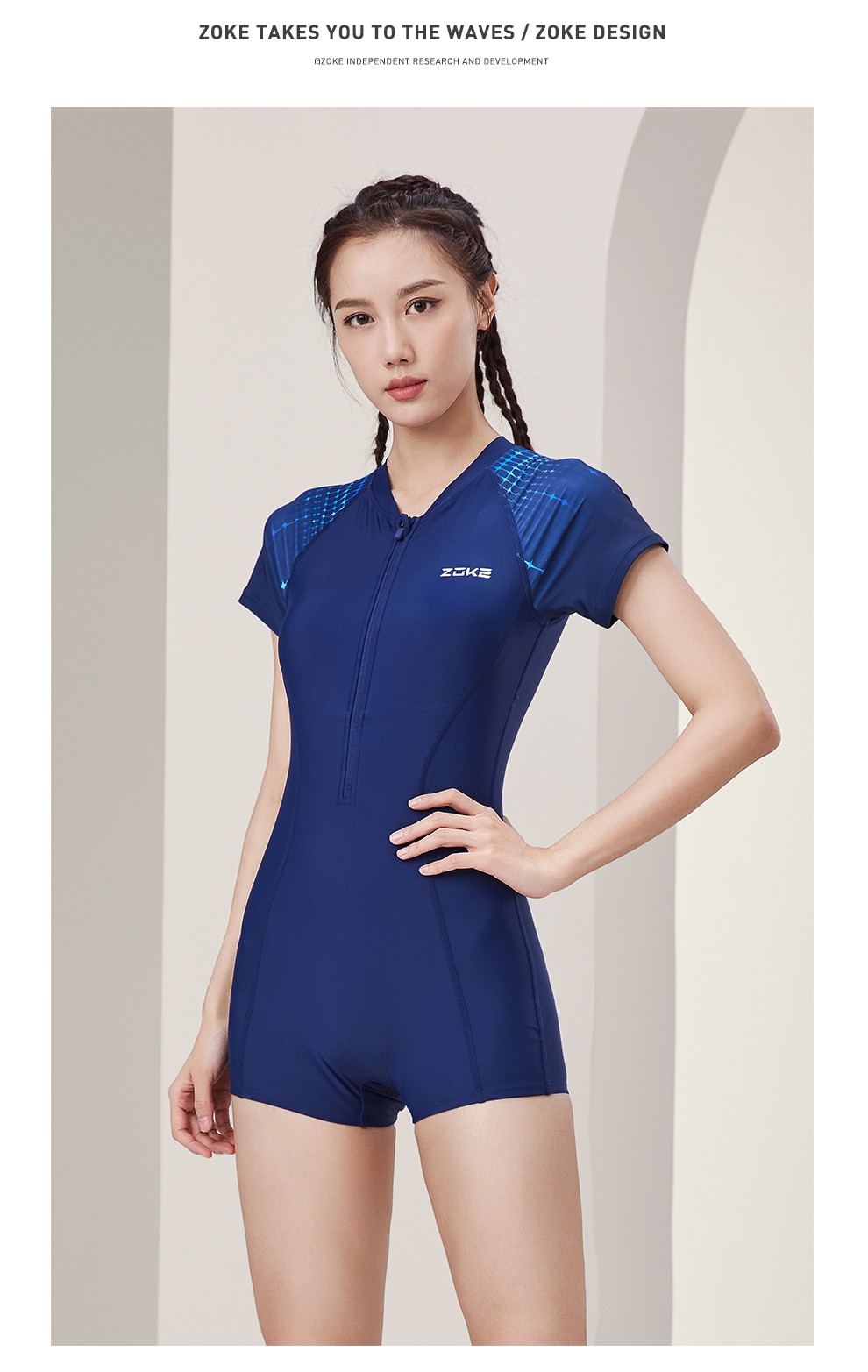 zoke洲克泳衣女遮肚显瘦连体平角保守短袖温泉大码专业运动训练游泳衣