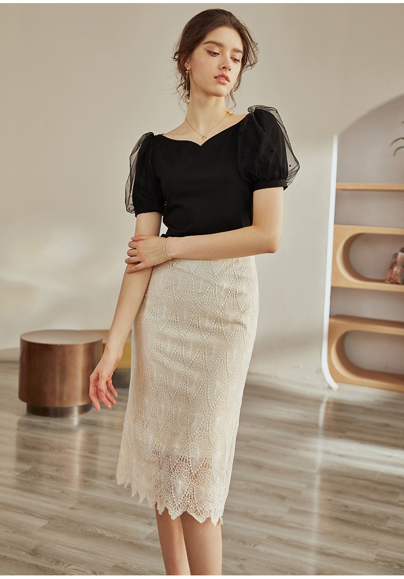 roeyshouse罗衣淑女心形领针织t恤春夏女装新款拼接网纱泡泡袖上衣