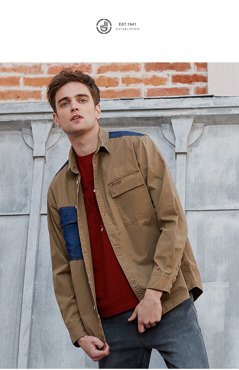 jeep吉普长袖衬衫男2021春季新款新疆棉休闲上衣欧美工装风衬衣男街头