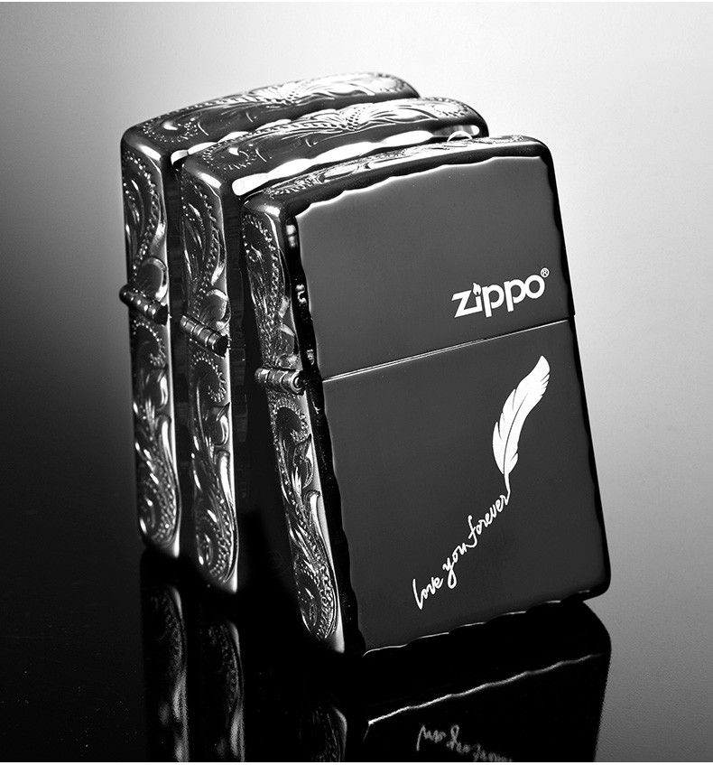 zippo煤油防风打火机美国进口之宝精雕黑冰系列凿边雕刻火机天使之翼