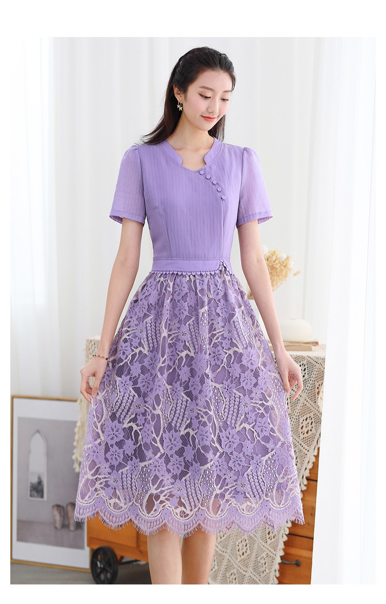 勿忘花高端蕾丝紫色连衣裙女夏季新款时尚气质雪纺收腰裙紫色xxl