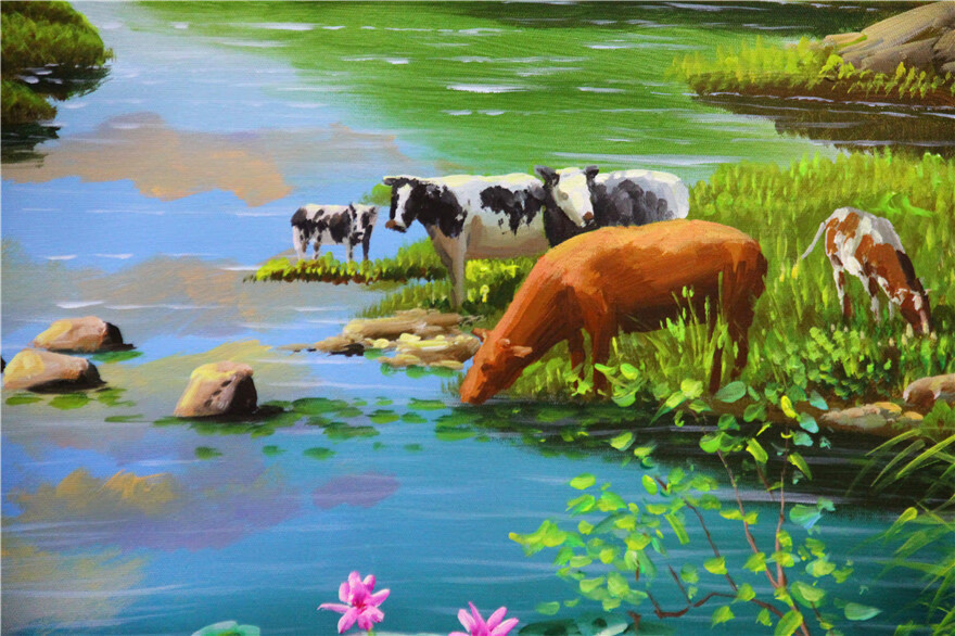 朝鲜一级画家 白英男《牧牛》6753 油画 装饰收藏