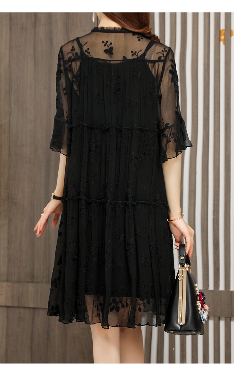 ctns轻奢品牌黑色真丝连衣裙女2021春夏新款宽松显瘦桑蚕丝裙子 黑色