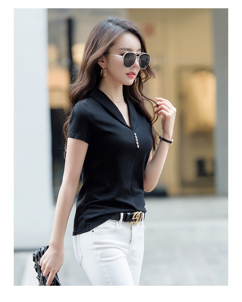 女v字领纯色t恤杉净版有领短袖翻领体桖衫休身显瘦下天的衣服浅绿色l