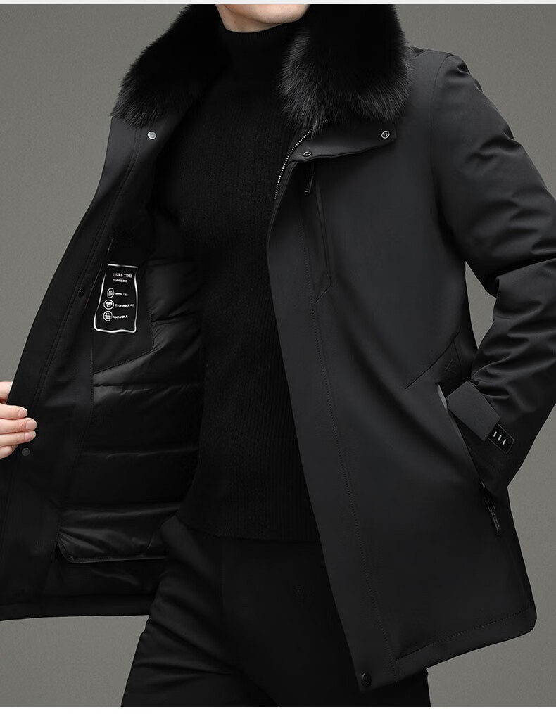 vancroug品牌高端男士羽绒服中长款真狐狸毛领加厚冬季中老年爸爸装