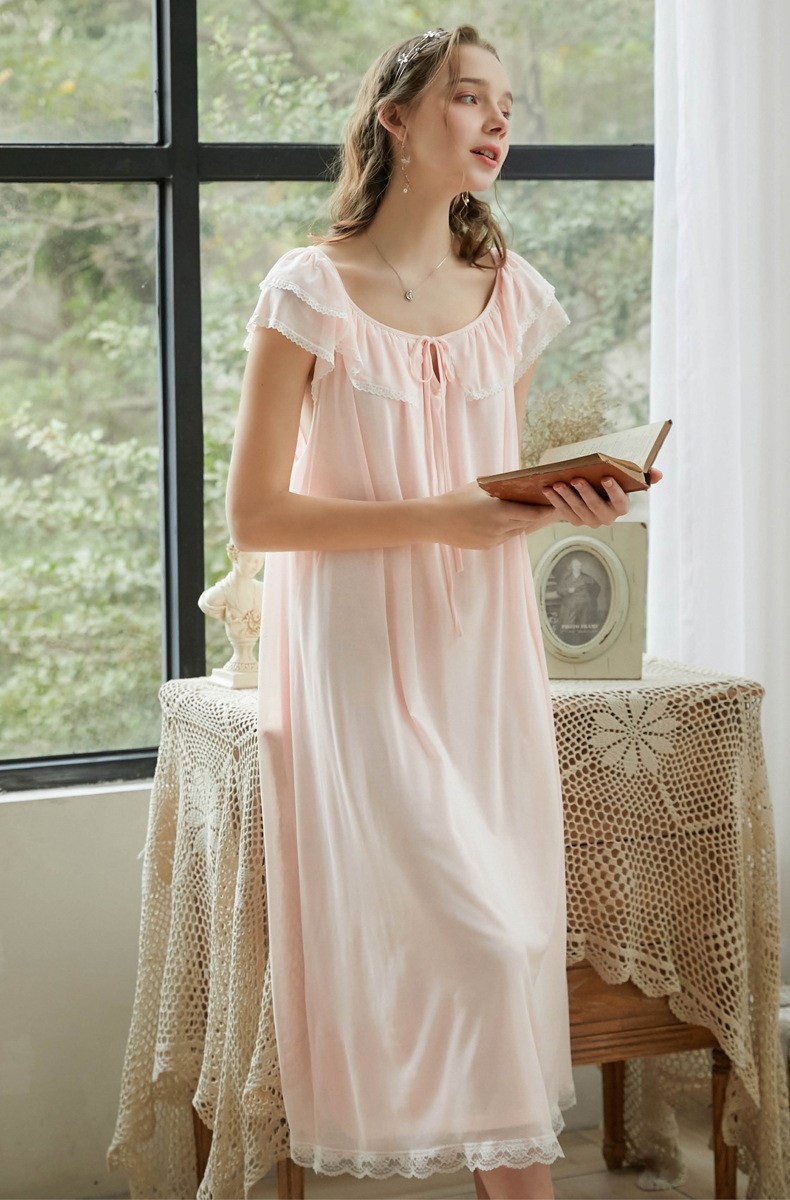 法玛莎品牌睡裙女短袖夏季莫代尔甜美公主风长款宽松大码家居服可外穿