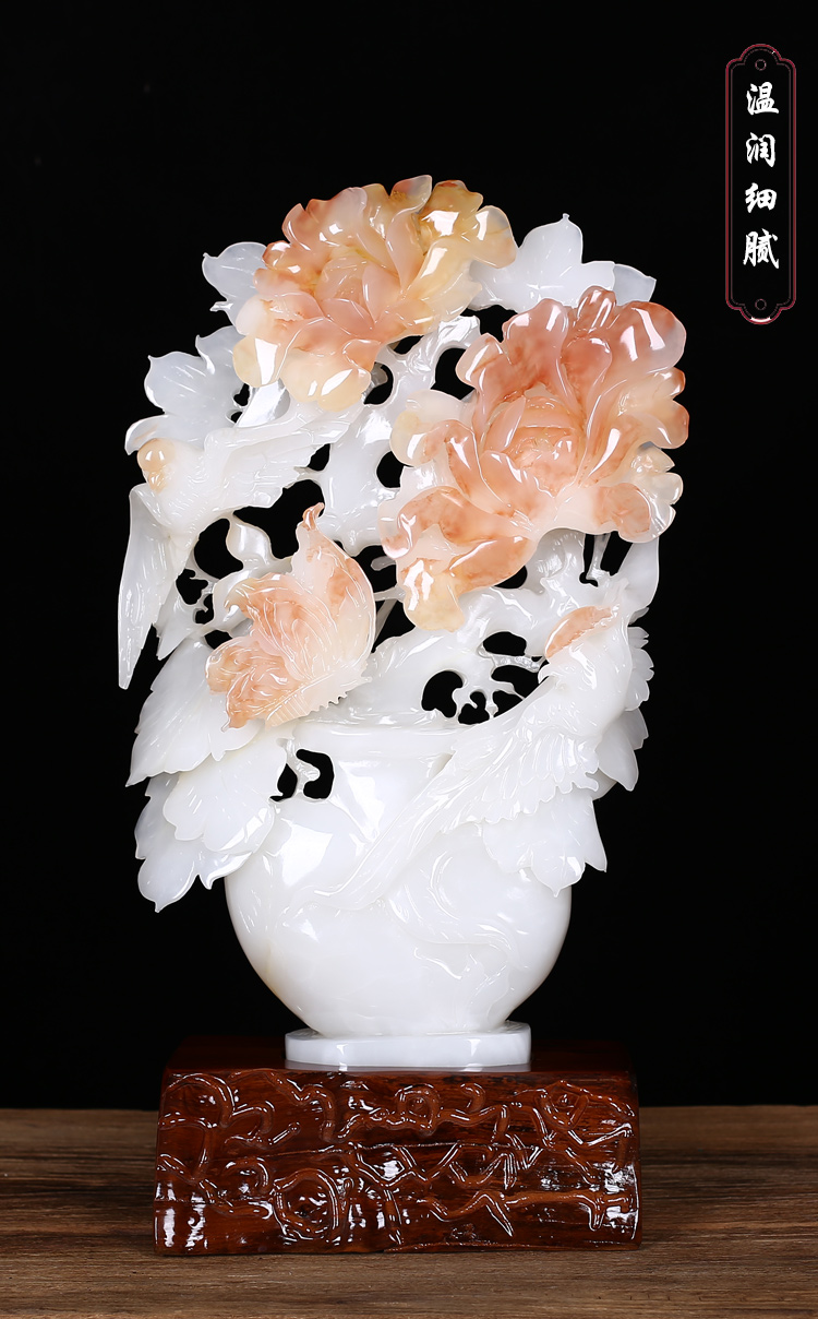 玺翰雅 天然玉石花开富贵玉雕摆件客厅办公室玄关柜台装饰品高档工艺