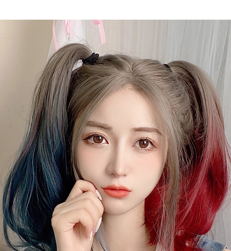 ita假发中分卷发双马尾 蓝红色渐变双马尾cos小丑女 小丑女同款【图片