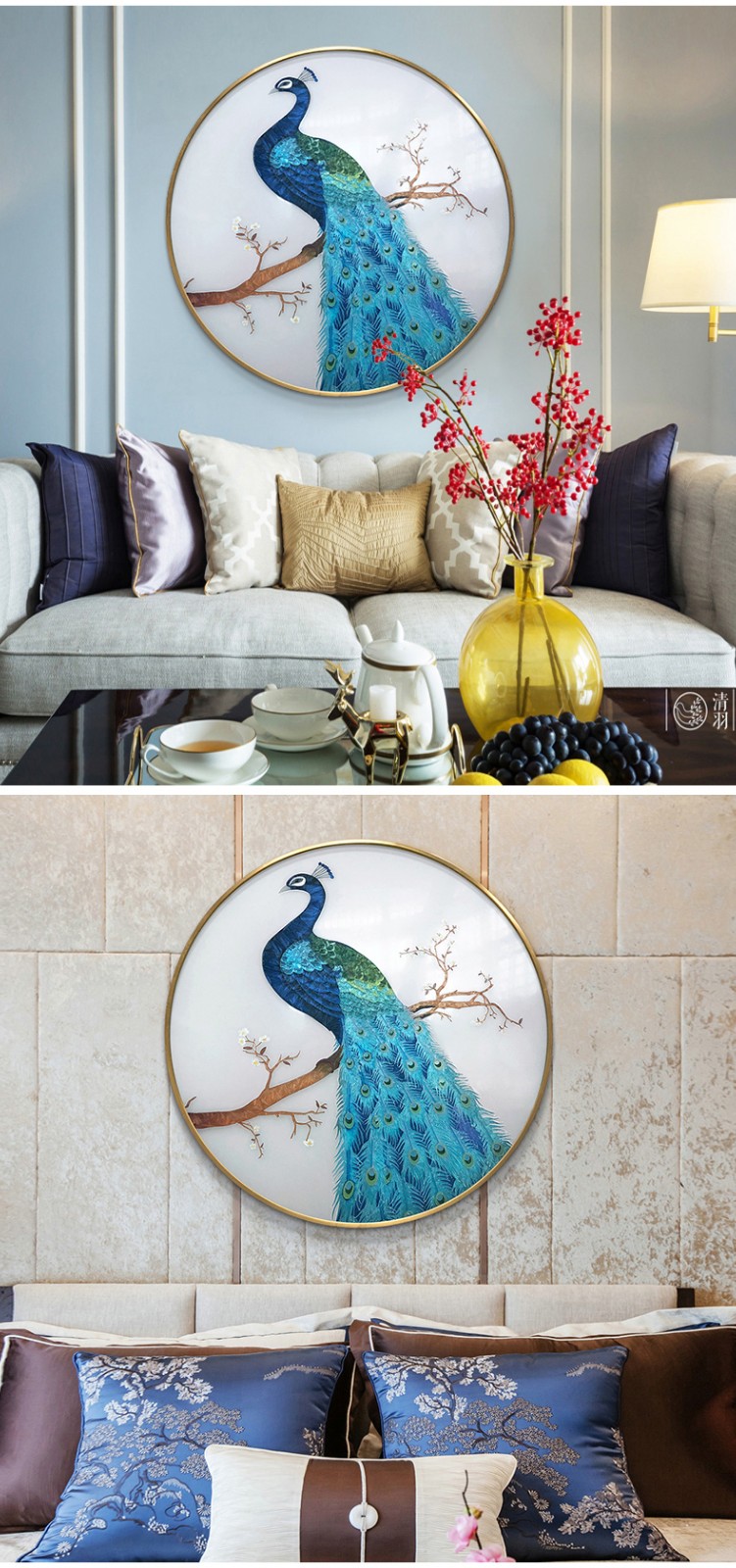 瑾颜 家居装饰画纯手工珐琅彩装饰画新中式圆形孔雀玻璃新工艺个性挂
