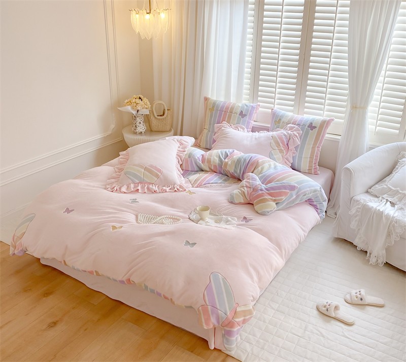 kuzhugarden公主风加厚双面牛奶绒刺绣四件套春季保暖法兰绒床单床上