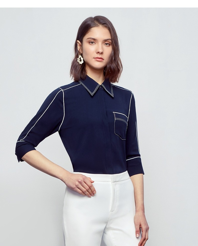 g2000女装春夏新款撞色明线设计感七分袖休闲上衣小众衬衫女11743006