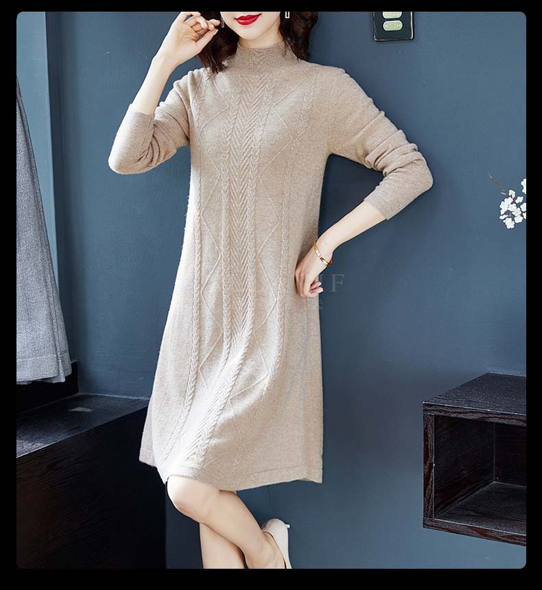 萨拉维夫品牌羊毛针织连衣裙冬装新款女装中长款秋冬红色打底毛衣裙子