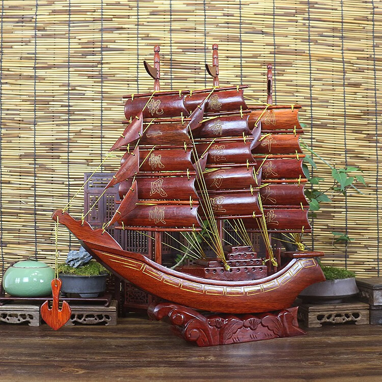 汉臻唐玺 实木雕刻帆船摆件大型帆船模型木质红木工艺品一帆风顺摆设