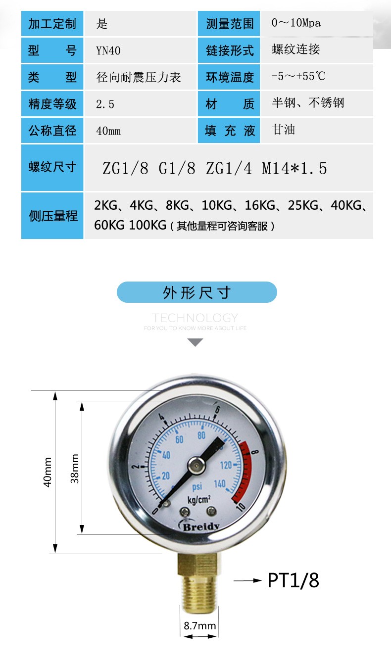 breidys压力表yn40 不锈钢耐震压力表测水压气压通用0-1.
