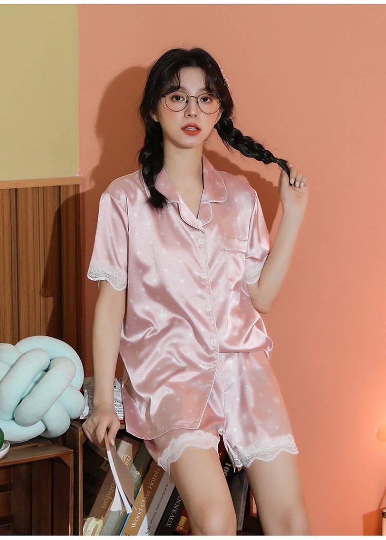 韩悦琦仿真丝睡衣女夏冰丝大码夏天短袖短裤女人学生丝绸家居服胖mm