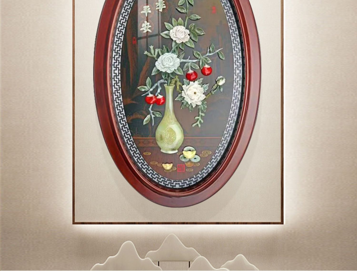 倾尚玉磁新中式玉雕客厅装饰画走廊电视背景墙挂画椭圆形浮雕玉雕壁