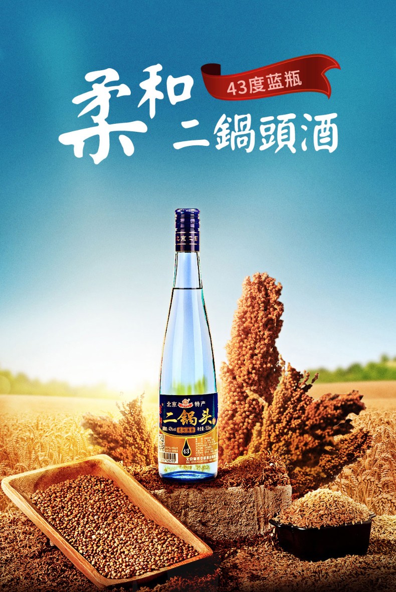 京都二锅头 北京特产二锅头 蓝瓶 柔和清香型白酒 53度 500ml*12瓶