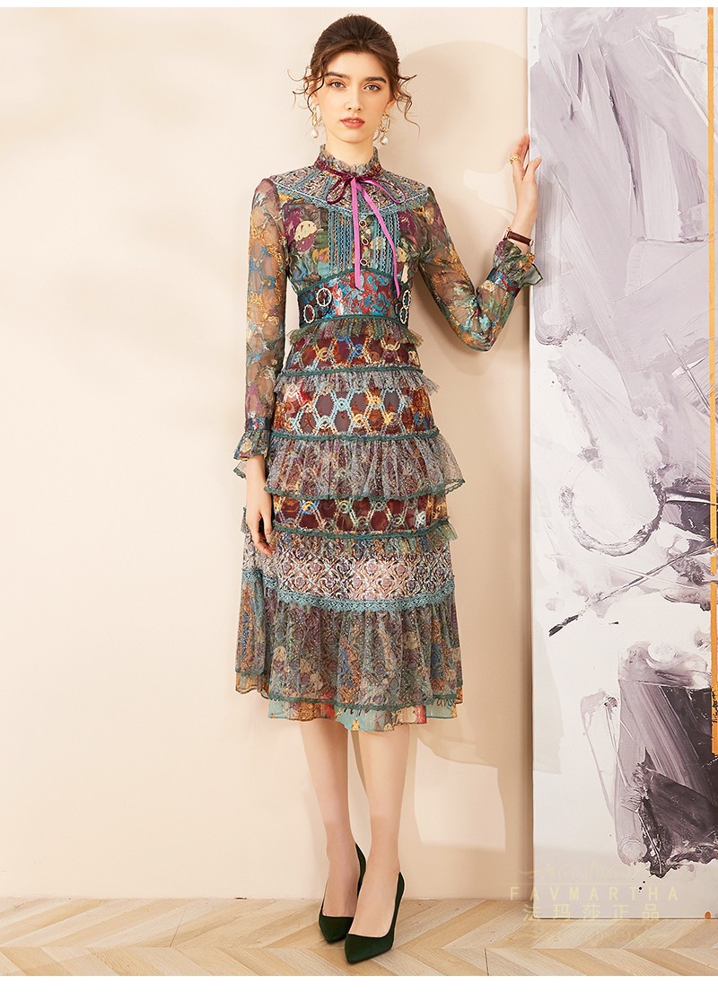 法玛莎品牌女装连衣裙2021年新款立领喇叭袖收腰大摆裙印花拼接中长款