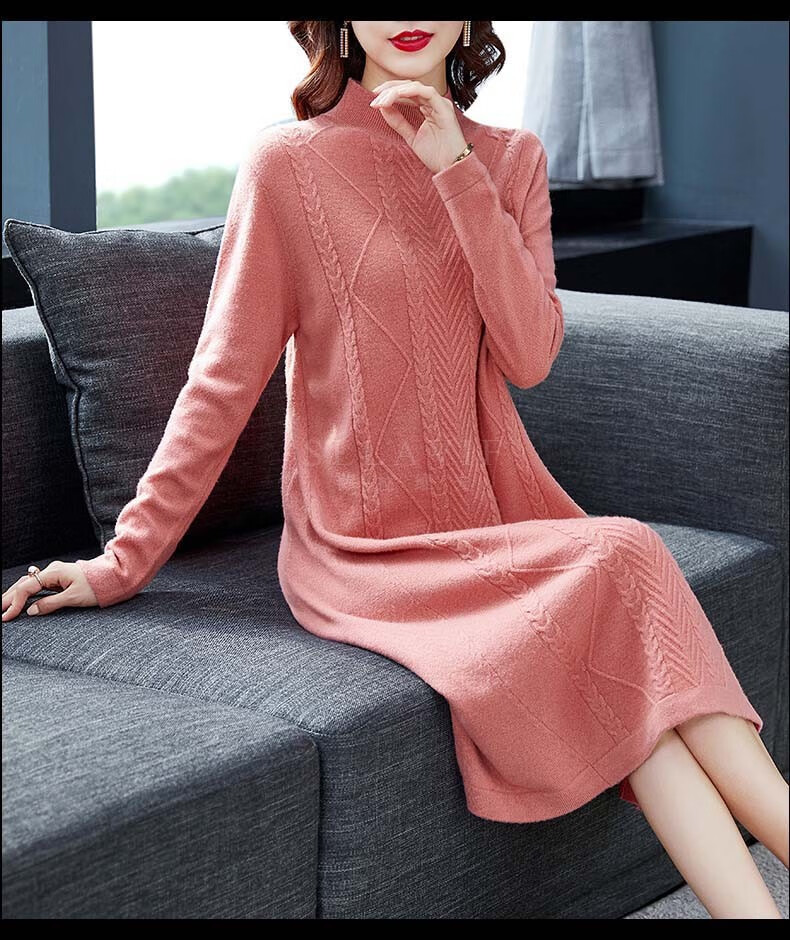 萨拉维夫品牌羊毛针织连衣裙冬装新款女装中长款秋冬红色打底毛衣裙子