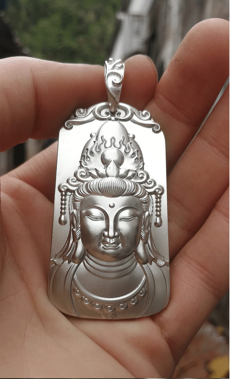 庞益实心足银莲花观音菩萨吊坠男士男款银牌护身符项链女士银泰银观世