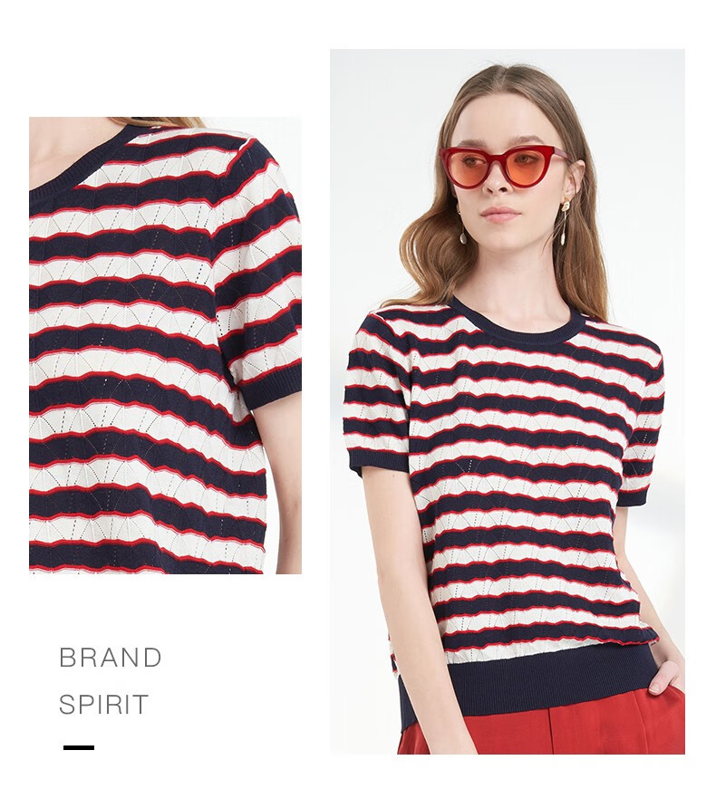 商场同款鹿王短袖t恤女桑蚕丝圆领变换组织条纹半袖春夏新款942112001